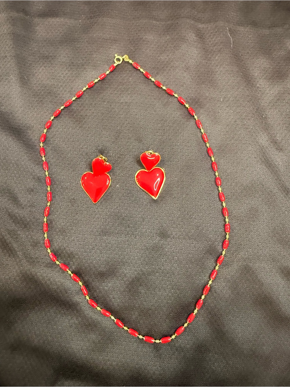 Red Heart Pendant Necklace and Earrings Set - Gold Trim stainless steel